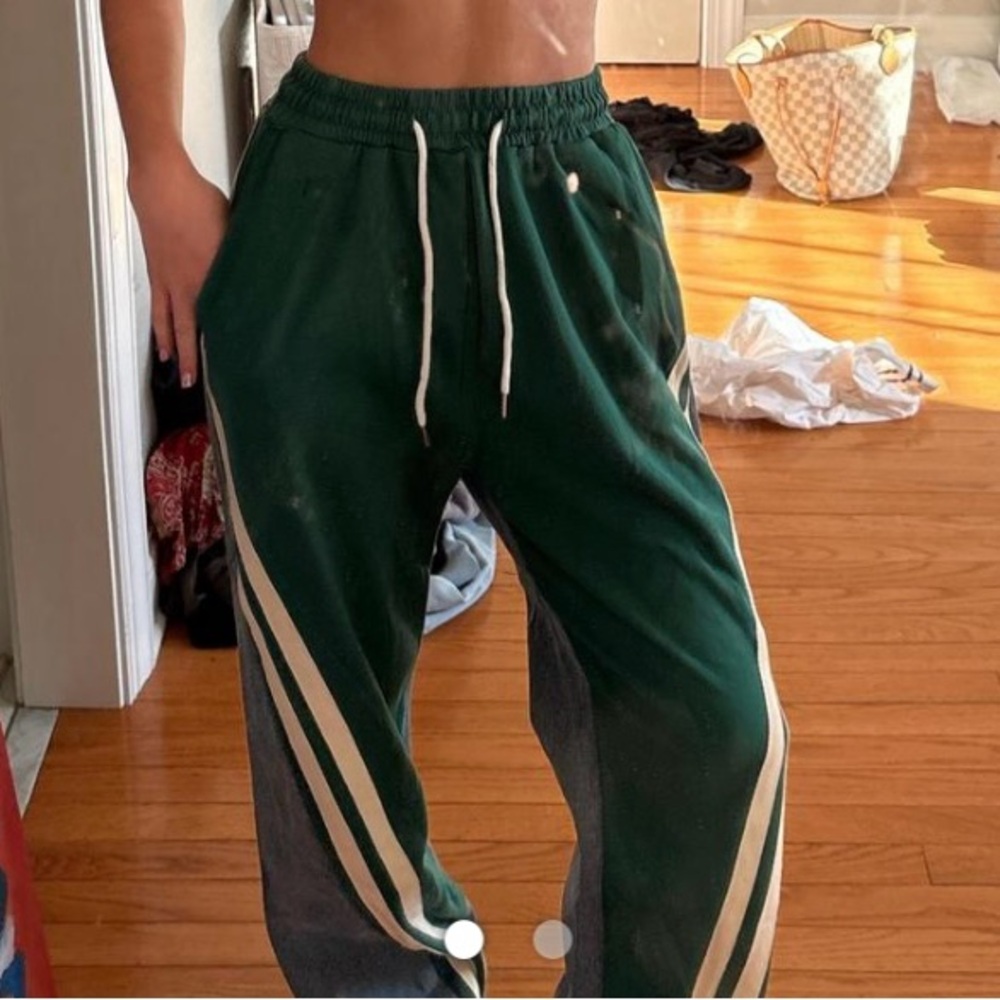 Green Track Pants with White Stripes